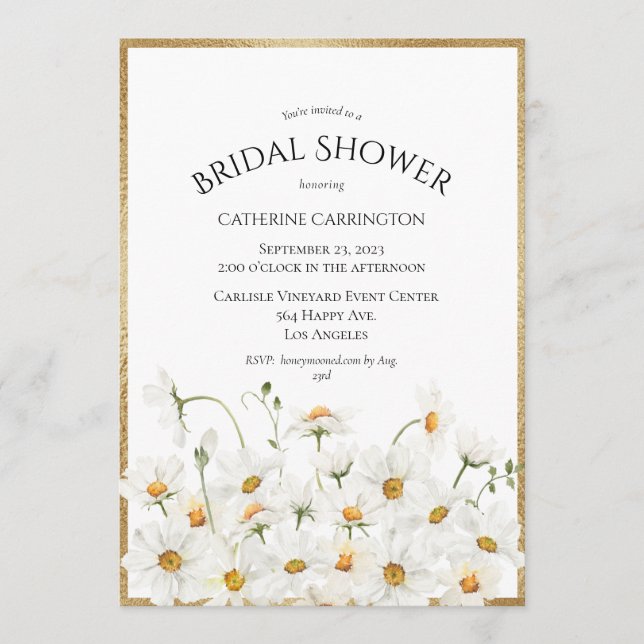 White Daisies Gold Floral Watercolor Bridal Shower Invitation (Front)