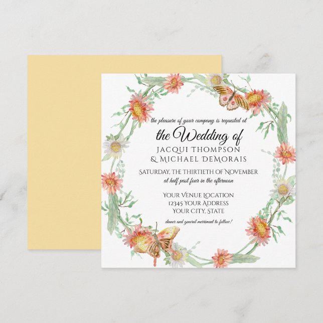 White Daisies Gold Yellow n Coral Butterfly Floral Invitation (Front/Back)