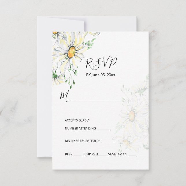 White Daisies Greenery Garden Floral Wedding  RSVP Card (Front)