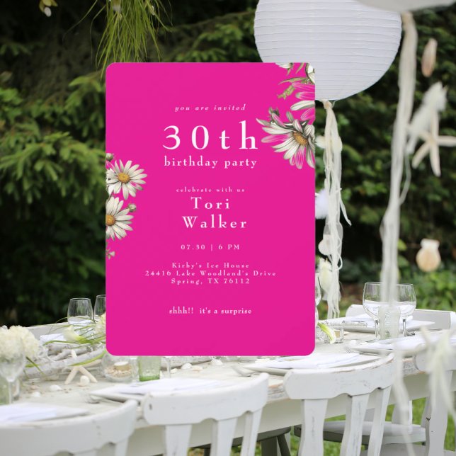 White Daisies Hot Pink Rounded Birthday Party Invitation (Creator Uploaded)