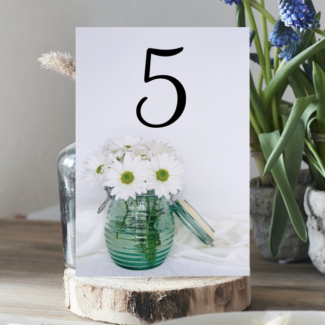 White Daisies in Blue Jar Vase Wedding Table Number (Creator Uploaded)