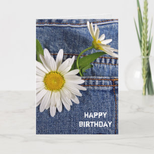 white daisies in blue jean pocket birthday card