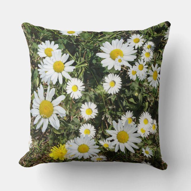 White Daisies in Grass Throw Pillow (Front)