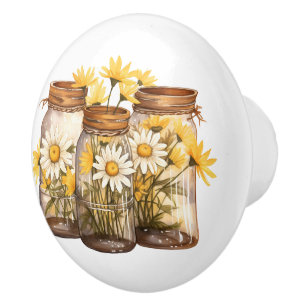 White Daisies In Mason Jars Ceramic Knob