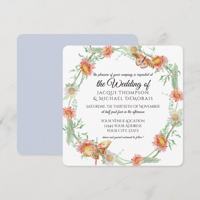 White Daisies Lavender Flowers Butterfly Floral Invitation (Front/Back)