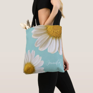 White Daisies Light Teal Personalised Tote Bag