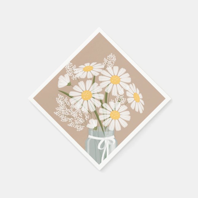 White Daisies Mason Jar Bouquet Beige Corner Napkin (Corner)