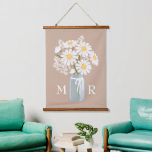 White Daisies Mason Jar Monogram on Beige Hanging Tapestry