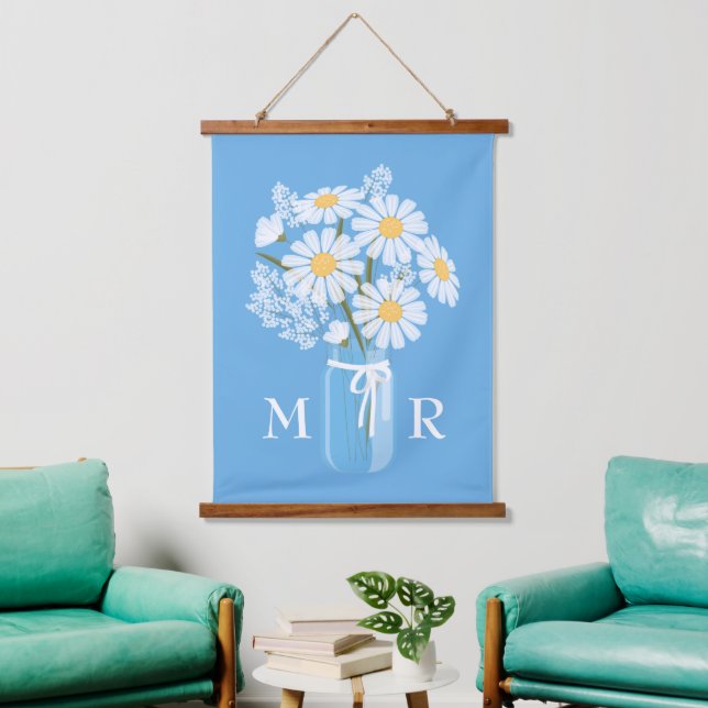 White Daisies Mason Jar Monogram on Blue Hanging Tapestry (Living Room)