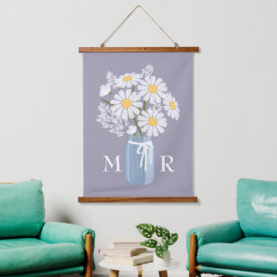 White Daisies Mason Jar Monogram on Lavender Hanging Tapestry