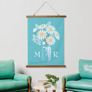 White Daisies Mason Jar Monogram on Teal Hanging Tapestry