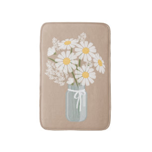 White Daisies Mason Jar on Beige Bath Mat