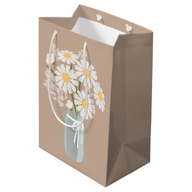 White Daisies Mason Jar on Beige Medium Gift Bag (Back Angled)