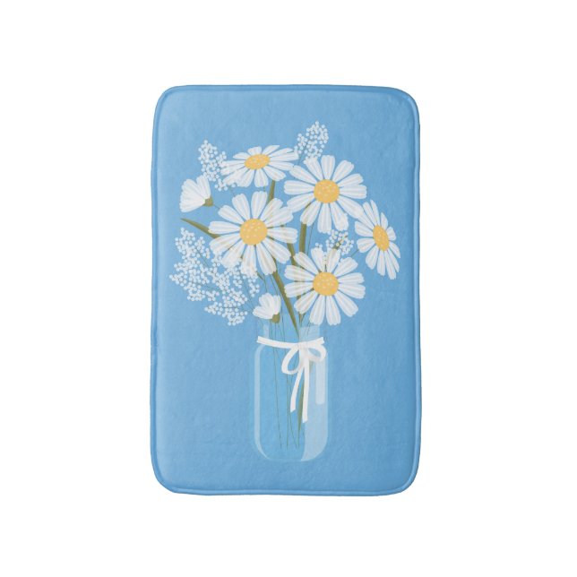 White Daisies Mason Jar on Blue Bath Mat (Front Vertical)