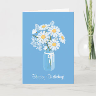 White Daisies Mason Jar on Blue Happy Birthday Card