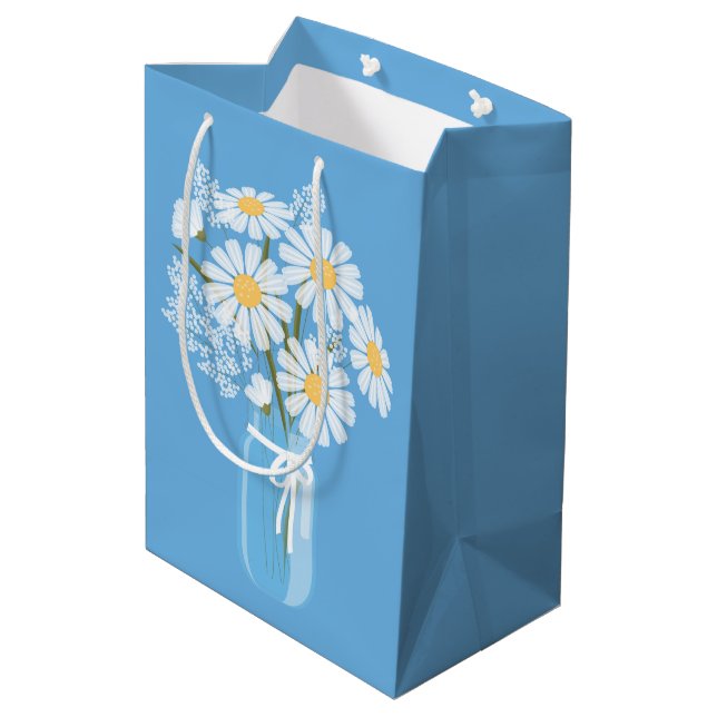 White Daisies Mason Jar on Blue Medium Gift Bag (Back Angled)