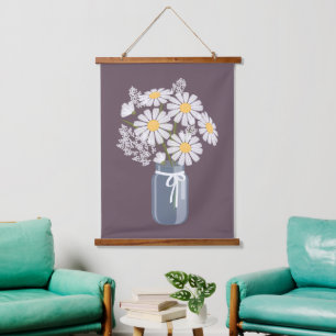 White Daisies Mason Jar on Dark Purple Hanging Tapestry