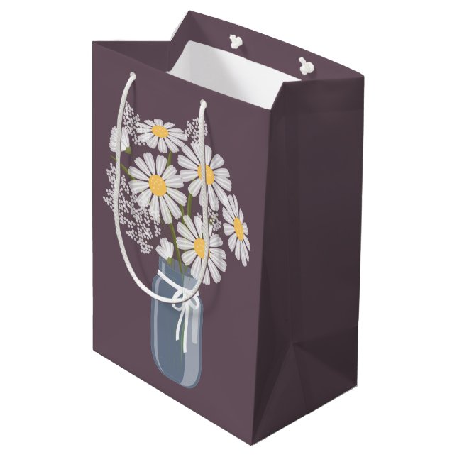White Daisies Mason Jar on Dark Purple Medium Gift Bag (Back Angled)