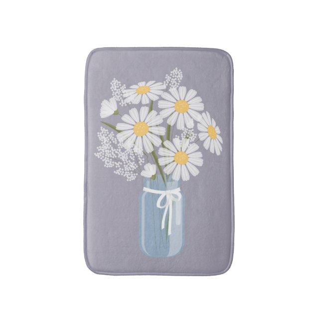 White Daisies Mason Jar on Lavender Bath Mat (Front Vertical)