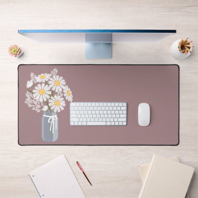 White Daisies Mason Jar on Rosy Brown Desk Mat (Office 1)