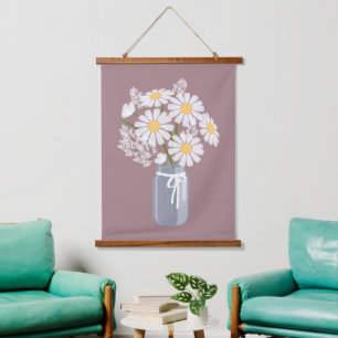 White Daisies Mason Jar on Rosy Brown Hanging Tapestry