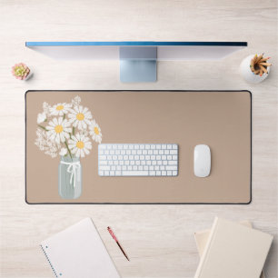 White Daisies Mason Jar on Rustic Beige Desk Mat