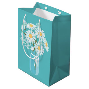 White Daisies Mason Jar on Teal Medium Gift Bag