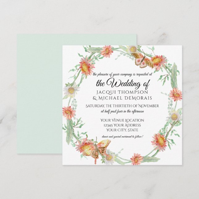 White Daisies Mint Green n Coral Butterfly Floral Invitation (Front/Back)