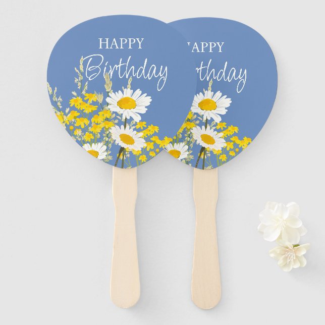White Daisies Modern Wildflowers Happy Birthday  Hand Fan (Front and Back)