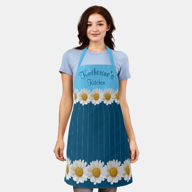 White Daisies Name Floral Blue Apron (Worn)