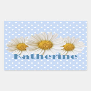 White Daisies Name Polka Dots Blue Rectangular Sticker