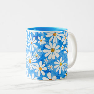 White daisies on a blue background. Hand drawn art Two-Tone Coffee Mug