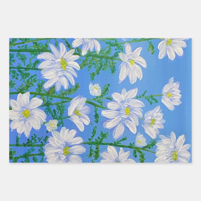 White Daisies on a Sky Blue background Wrapping Paper Sheet (Front)