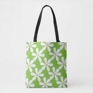 White daisies on apple green background tote bag