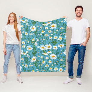 White Daisies On Aqua Fleece Blanket