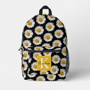 White Daisies on Black Background Monogram Printed Backpack