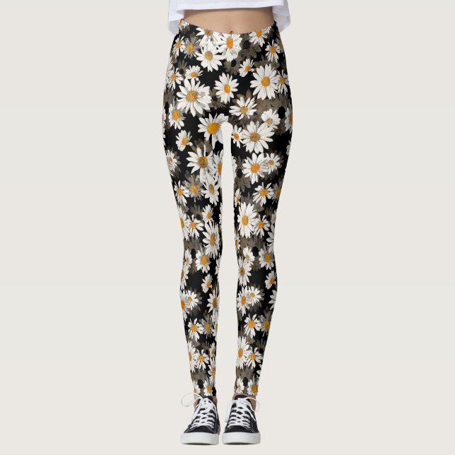 White Daisies on Black Floral Pattern Leggings (Front)