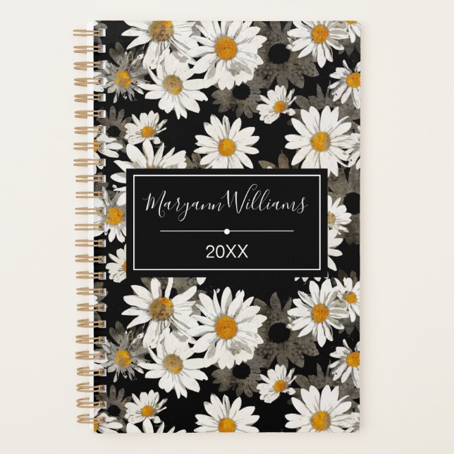 White Daisies on Black Floral Pattern Monogrammed Planner (Front)
