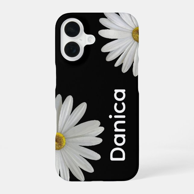 White Daisies on Black iPhone 16 Case (Back)