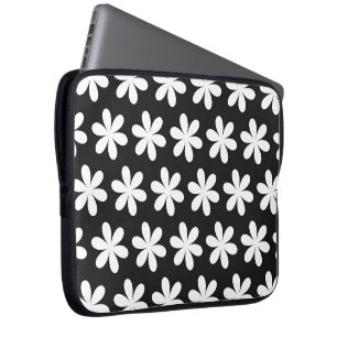 White Daisies on Black Laptop Sleeve