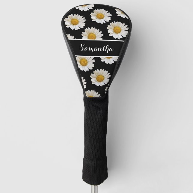White Daisies on Black Personalised Golf Head Cover (Front)