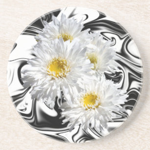 White Daisies On Black White Marble, Coaster