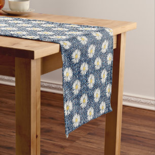 White Daisies On Blue Denim Medium Table Runner