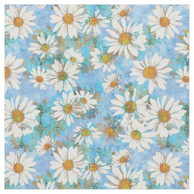 White Daisies on Blue Floral Pattern Fabric (Close Up)
