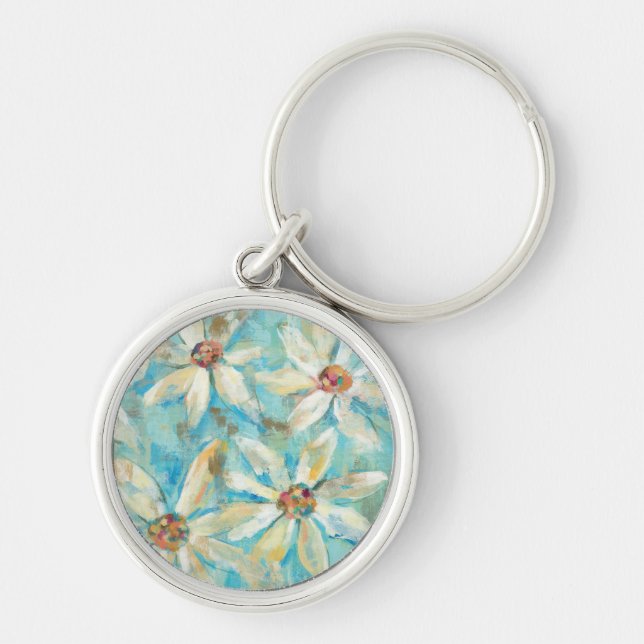 White Daisies on Blue Key Ring (Front)