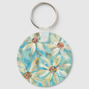 White Daisies on Blue Key Ring