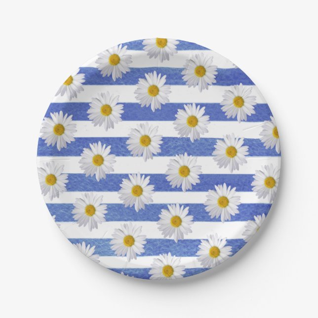 white daisies on blue watercolor stripe paper plate (Front)