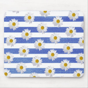 white daisies on blue watercolor striping mouse mat