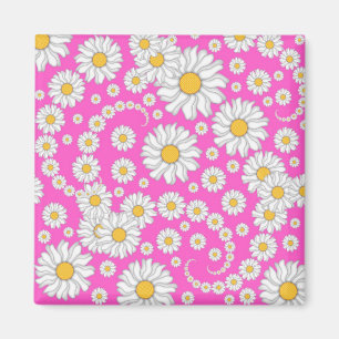White Daisies on Bright Pink Background Magnet