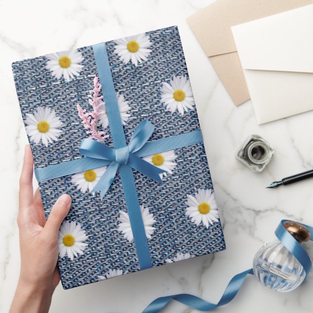 White Daisies on Denim  Wrapping Paper (Gifting)